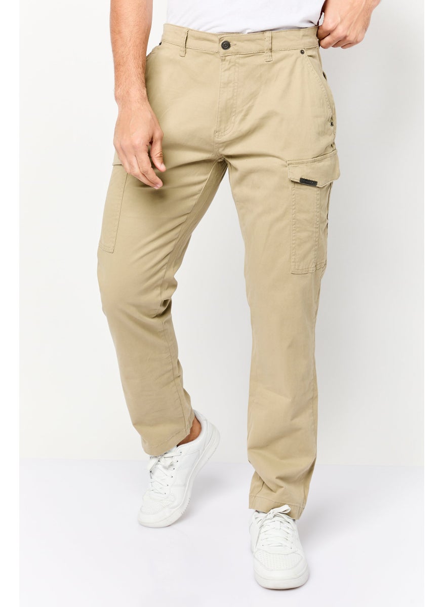 833 POLICE Men Slim Fit Plain Cargo Pants, Beige  - Image 1