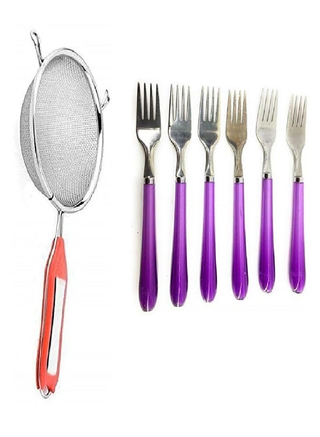 BLUE WONDER Stainless Steel Multipurpose Soup Strainer Combo Plastic Handle 6 Pcs Fork | Kitchen Accessories | Multipurpose Kitchen Tool | Durable, Easy to Use | Multicolour | Pack of 2