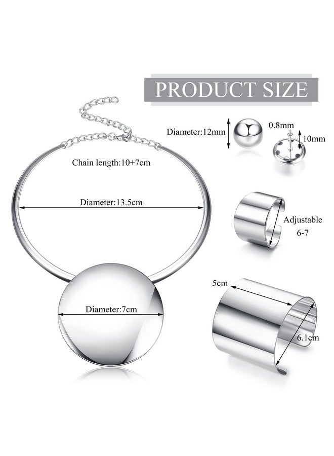 Sanfenly Statement Chunky Jewelry Set Choker Earrings Bracelet Ring Gold Silver Plated Round Pendant Necklace Nigerian Costume Party African Jewelry Accessories For Women And Girls - Image 2