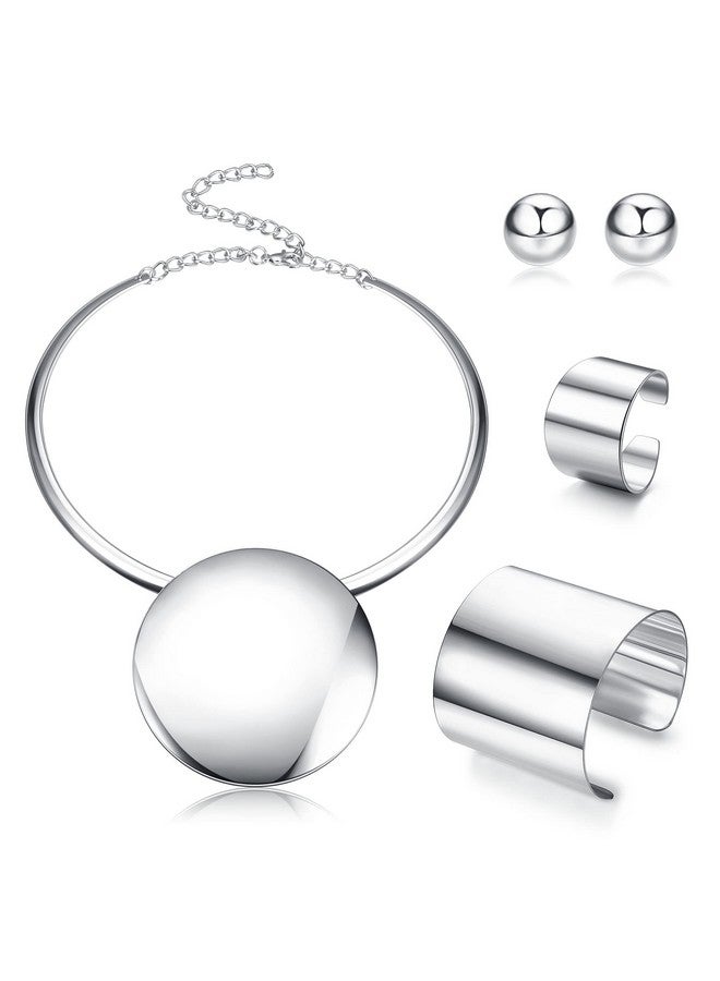 Sanfenly Statement Chunky Jewelry Set Choker Earrings Bracelet Ring Gold Silver Plated Round Pendant Necklace Nigerian Costume Party African Jewelry Accessories For Women And Girls - Image 1