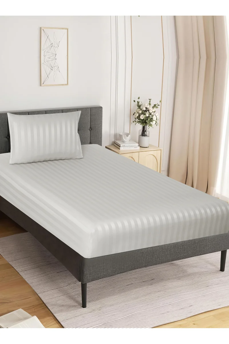 Donetella 2-Piece Striped Bedding Set – Single Fitted Sheet 90x200+30 cm with All-Around Elastic &amp; 1 Matching Pillowcases