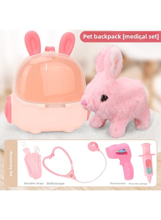 Children's Electric Simulation Backpack Rabbit Will Call Girl Pet Doll Backpack Dog Gift Puzzle Plush Toy-Color:Pink-medical Care Set [e-commerce Box]  - Image 1