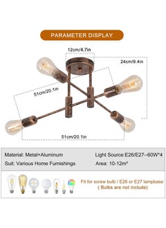 Ganeed Modern Sputnik Chandelier, Vintage 4-Light Mid Century Semi Flush Mount Ceiling Light Fixture for Bedroom, Dining Room, Living Room, Kitchen, Office, Bronze  - Image 3