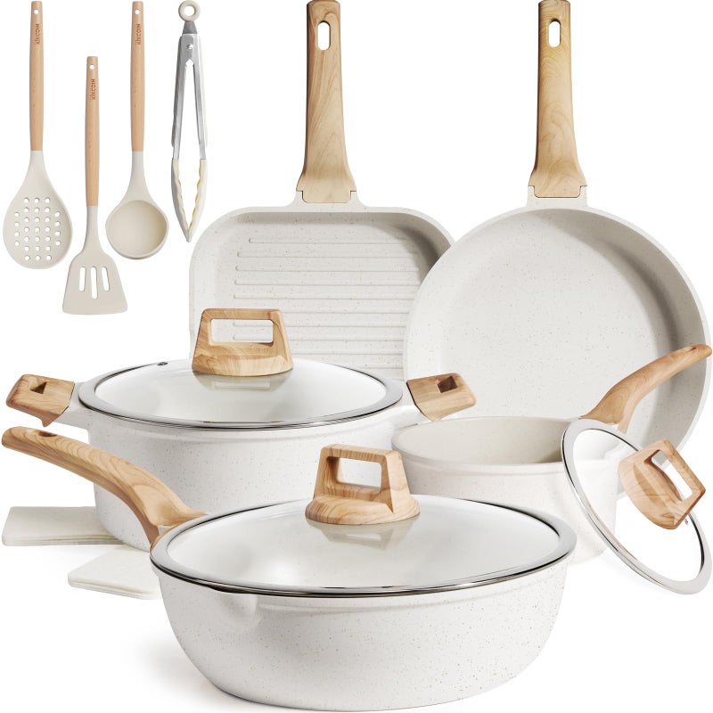 Kikcoin 16Pcs Pots and Pans Set Nonstick Ceramic Cookware Sets Induction Kitchen Cooking Set Non toxic Healthy Non Stick w/Grill Pan,Saute Pan, Ceramic White - Image 1