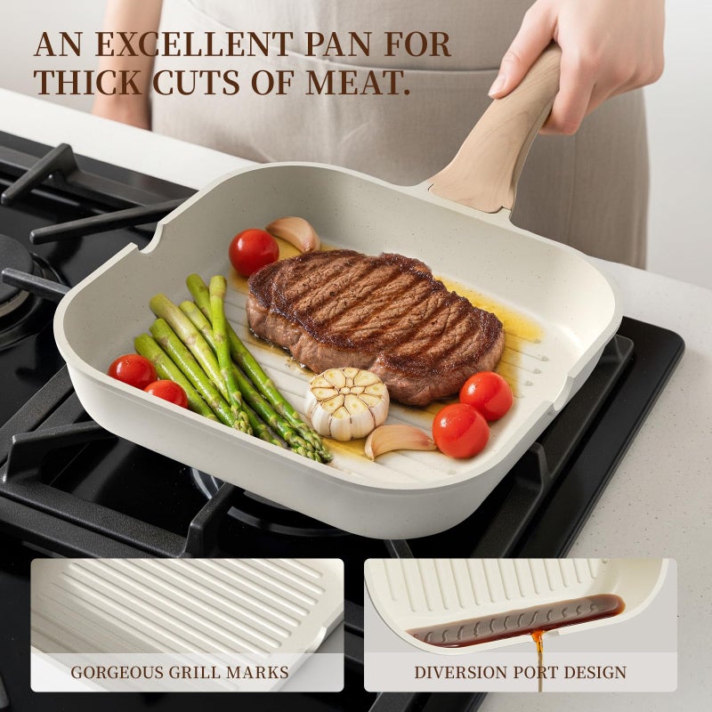 Kikcoin 16Pcs Pots and Pans Set Nonstick Ceramic Cookware Sets Induction Kitchen Cooking Set Non toxic Healthy Non Stick w/Grill Pan,Saute Pan, Ceramic White - Image 4