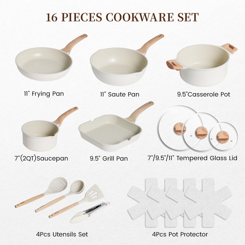 Kikcoin 16Pcs Pots and Pans Set Nonstick Ceramic Cookware Sets Induction Kitchen Cooking Set Non toxic Healthy Non Stick w/Grill Pan,Saute Pan, Ceramic White - Image 3