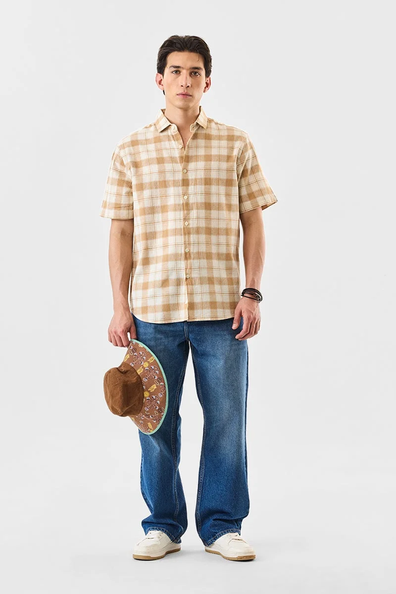 SNITCH Beige Checkered Half Sleeve Regular Fit Shirt