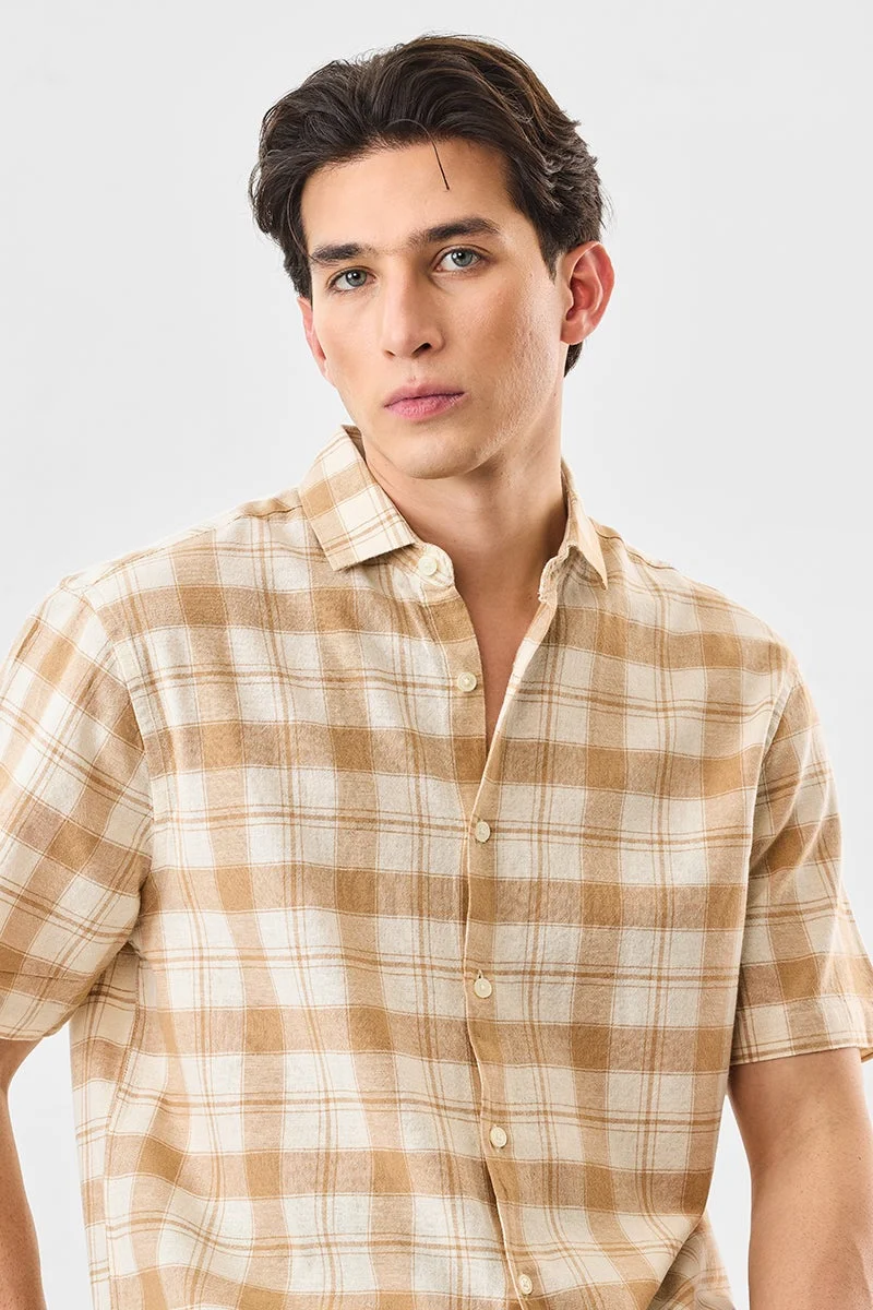 SNITCH Beige Checkered Half Sleeve Regular Fit Shirt