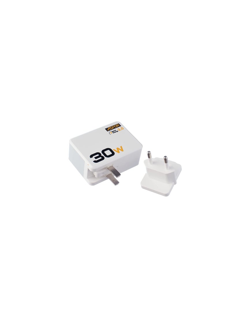 Aspor A858 QC 3.0 Fast Charging Wall Charger with Type C Cable- 3 Ports - White  - Image 4
