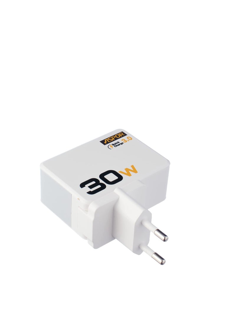 Aspor A858 QC 3.0 Fast Charging Wall Charger with Type C Cable- 3 Ports - White  - Image 5