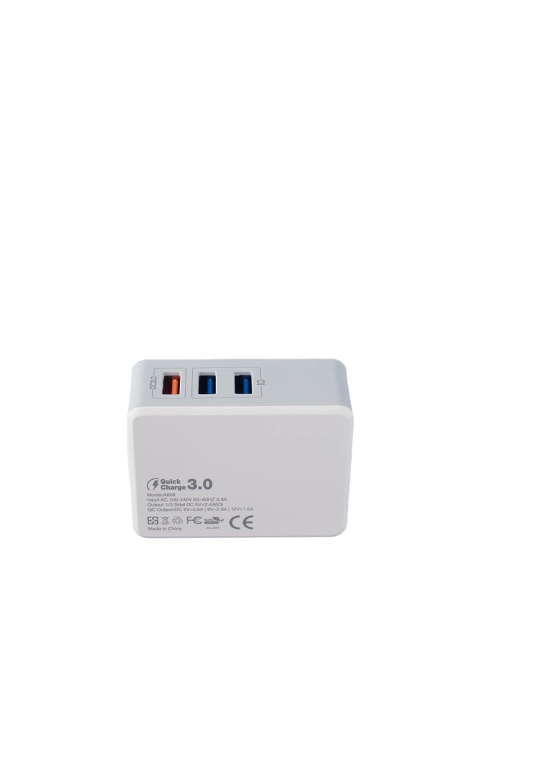 Aspor A858 QC 3.0 Fast Charging Wall Charger with Type C Cable- 3 Ports - White  - Image 3