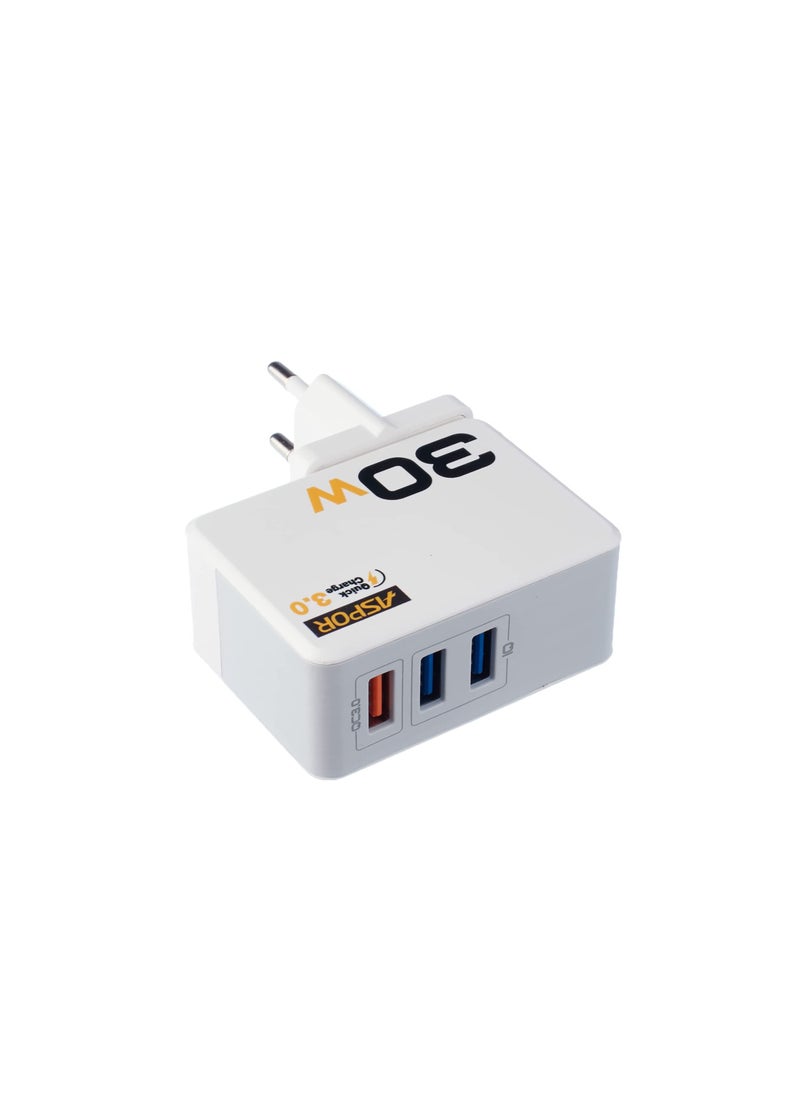 Aspor A858 QC 3.0 Fast Charging Wall Charger with Type C Cable- 3 Ports - White  - Image 1