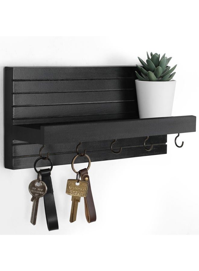 Lwenki Decorative Key Holder for Wall with Shelf, Entryway Shelf with Hooks Holds Leashes, Jackets and Glasses – Sturdy Wood Keyholder Entrance Hanger with Mounting Hardware (11.8” x 5.5” x 3.1”) (Black) - Image 1