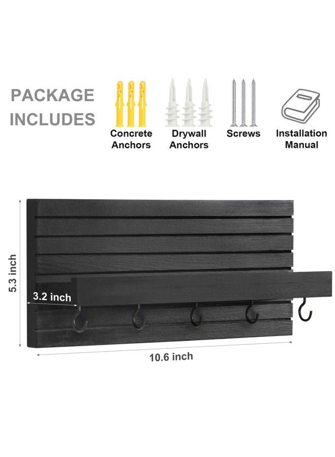 Lwenki Decorative Key Holder for Wall with Shelf, Entryway Shelf with Hooks Holds Leashes, Jackets and Glasses – Sturdy Wood Keyholder Entrance Hanger with Mounting Hardware (11.8” x 5.5” x 3.1”) (Black) - Image 2