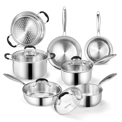 SLOTTET Stainless Steel Kitchen Cookware Set,11 Piece Pots and Pans Set with Steamer,Heat-resistant Handle,Non-Toxic,Induction,Oven,Dishwasher Safe - Image 1