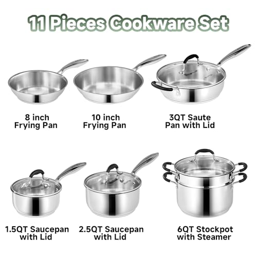 SLOTTET Stainless Steel Kitchen Cookware Set,11 Piece Pots and Pans Set with Steamer,Heat-resistant Handle,Non-Toxic,Induction,Oven,Dishwasher Safe - Image 2