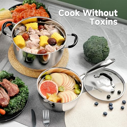 SLOTTET Stainless Steel Kitchen Cookware Set,11 Piece Pots and Pans Set with Steamer,Heat-resistant Handle,Non-Toxic,Induction,Oven,Dishwasher Safe - Image 4
