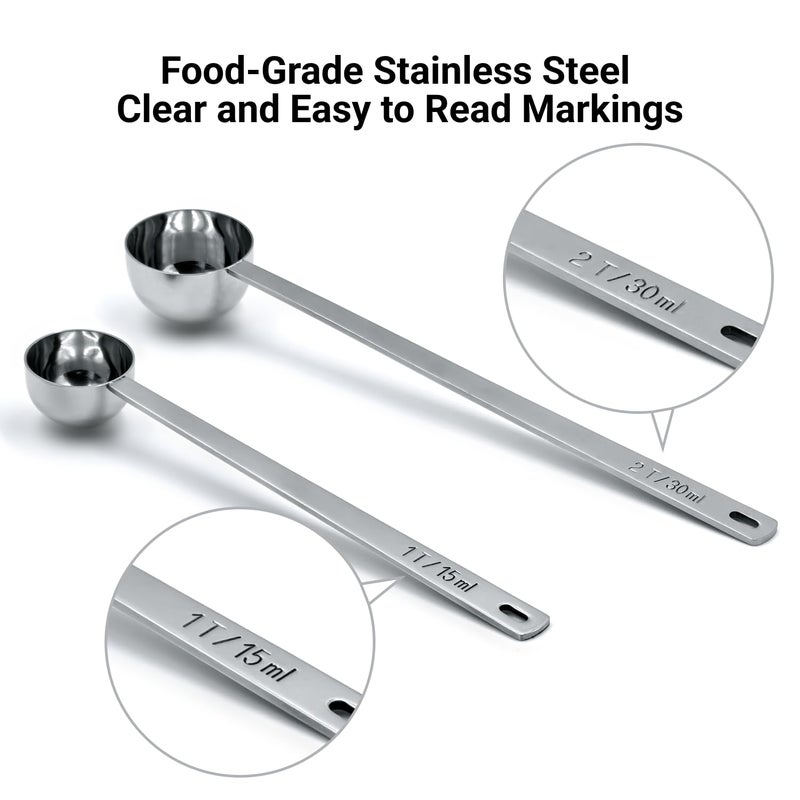 LimeFlex 2PCS Coffee Scoop Set,1 Tbsp (15ml) & 2 Tbsp (30ml) Coffee Measuring Spoons,for measuring ground coffee, protein powder, tea,Silver long-handled measuring spoon,for deep jars,coffee bags. - Image 4