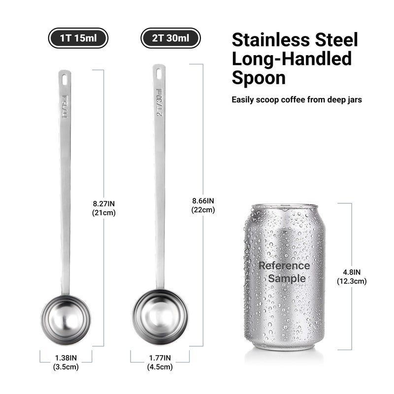 LimeFlex 2PCS Coffee Scoop Set,1 Tbsp (15ml) & 2 Tbsp (30ml) Coffee Measuring Spoons,for measuring ground coffee, protein powder, tea,Silver long-handled measuring spoon,for deep jars,coffee bags. - Image 2