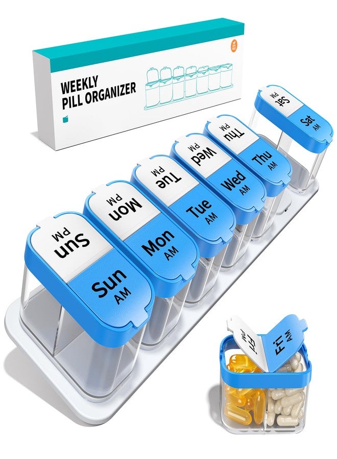Daviky Large Pill Organizer 2 Times a Day - XL Pill Box 7 Day, Big Vitamin Holder with 7 Detachable AM/PM Compartments, Big Supplement Container for Weekly or Daily Use (Blue - Image 1