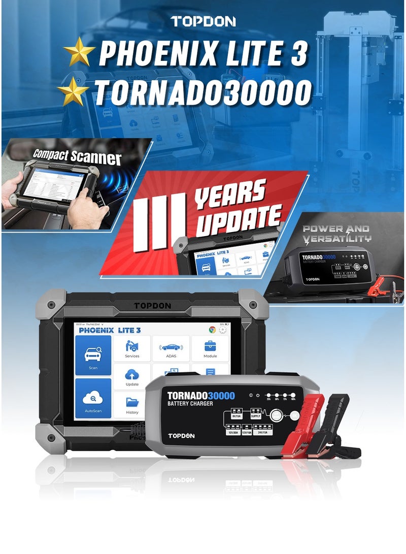 TOPDON Phoenix Lite 3 + Tornado30000 – Professional Car Diagnostic Scanner & Smart Battery Charger Combo – 35+ Services, Bi-Directional Control, ECU Programming, 6V/12V/24V Battery Support
