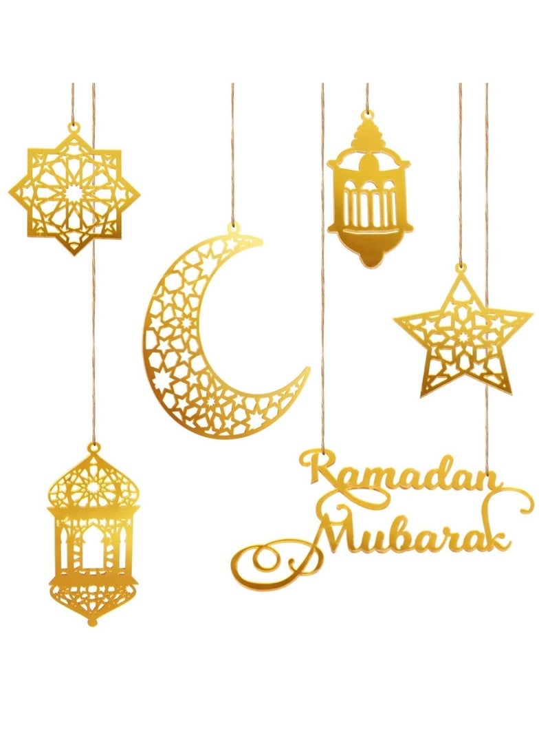 كوول تشيك 6 قطع زينة رمضان المعلقة، زينة رمضان الكريم من الأكريليك، زينة شكل القمر والنجوم لتثبيتها على الجدران أو النوافذ أو الأشجار - Image 1