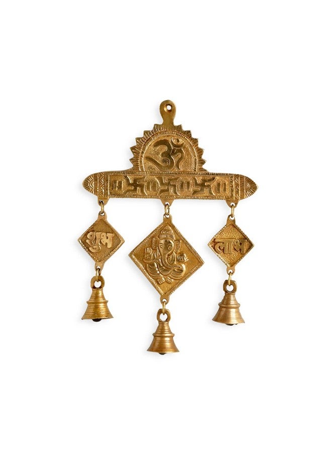 ExclusiveLane 'Shubh Labh Ganesha' Brass Wall Hanging with Bells (Pure Brass, 0.4 Kg) | Shubh Labh Ganesha Brass Hanging Bells for Decoration Ghanti for Pooja Temple Decor Hanging Bell - Image 2