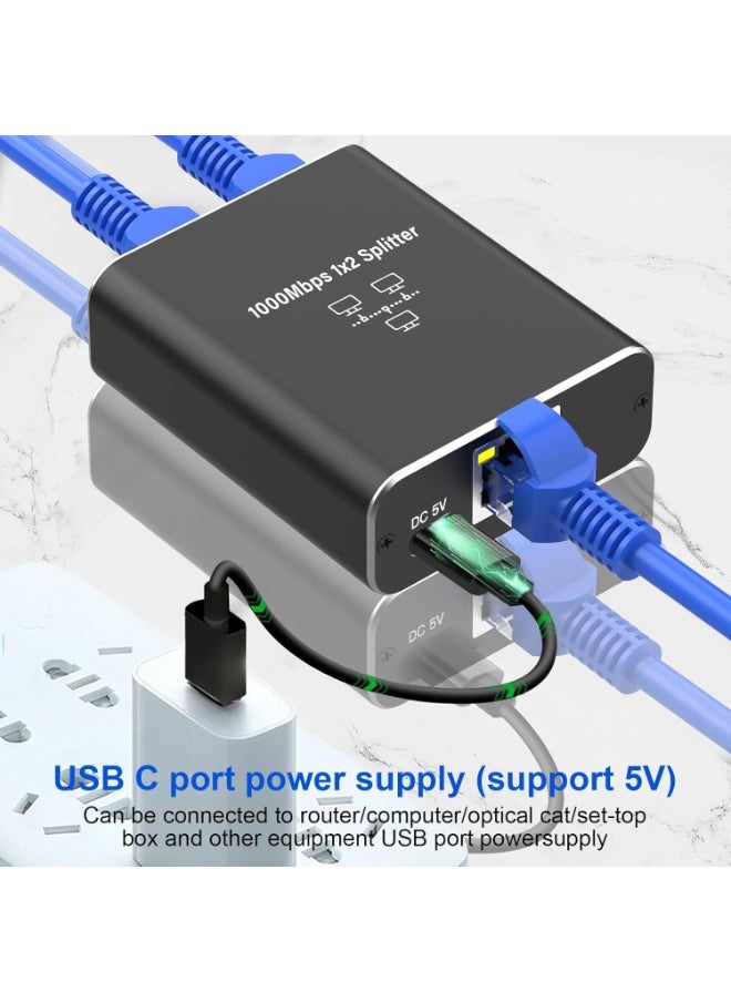 ماركة غير محددة مقسم إيثرنت 1000Mbps مع كابل طاقة Type-C – محول LAN من 1 إلى 2 منافذ RJ45  - Image 3
