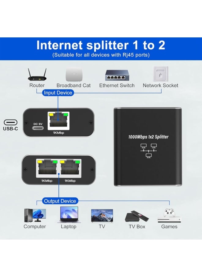 ماركة غير محددة مقسم إيثرنت 1000Mbps مع كابل طاقة Type-C – محول LAN من 1 إلى 2 منافذ RJ45  - Image 4