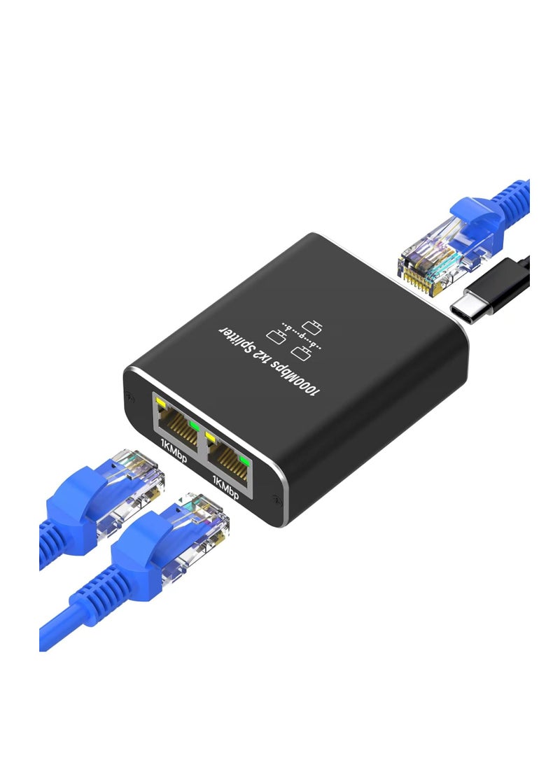 ماركة غير محددة مقسم إيثرنت 1000Mbps مع كابل طاقة Type-C – محول LAN من 1 إلى 2 منافذ RJ45  - Image 1