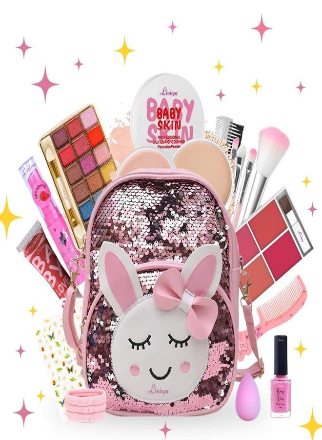 Linivya Kids Real Makeup Kit For Teens, Pre-Teens & Girls With Sparkle Cute Bag - Real, Non Toxic, Washable Make Up Toy- Gift For 6 7 8 9 10 12 13 14 Years Old Girls Birthday Gifts - Image 1