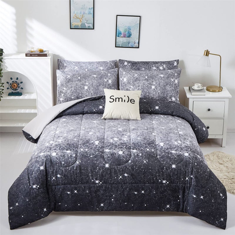 kiddiku Grey Glitter Comforter Set FullQueen Size for Boys Teen Sparkle Galaxy Twinkle Starlight Comforter for Kids Adult 3 Piece Black Grey Ombre Bedding Set with 2 Pillow CasesGreyQueen 