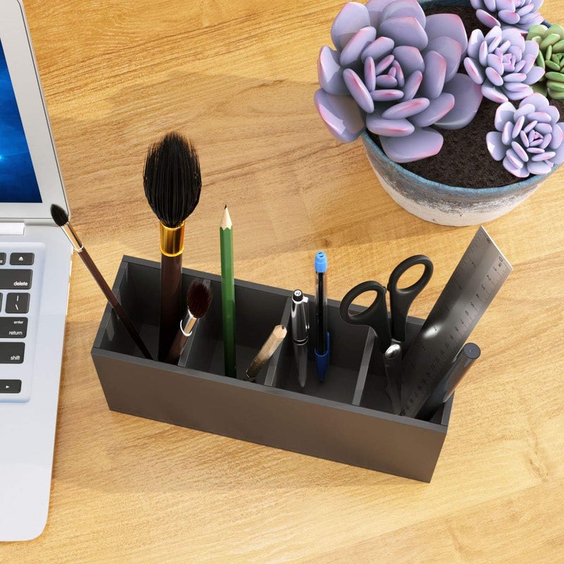 NIUBEE Acrylic Pen Holder 4 Compartments, Black Pencil Organizer Cup for Countertop Desk Accessory Storage (Black) - Image 4
