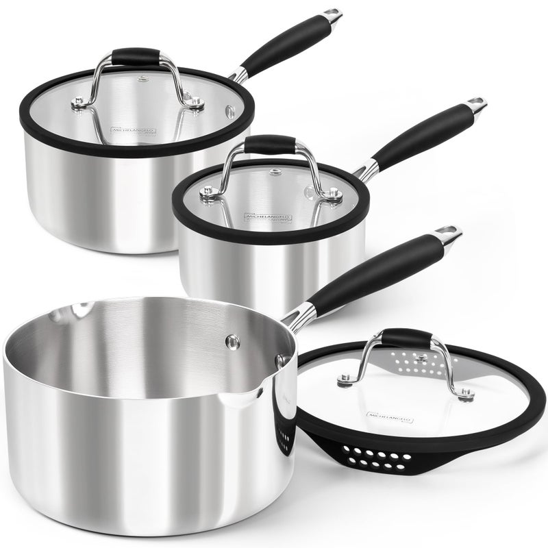 MICHELANGELO Triply Stainless Steel Saucepan Set with Strainer Lid Heavyduty Sauce Pan with Lid Multipurpose Sauce Pot Induction Compatible 1QT 2QT 3QT