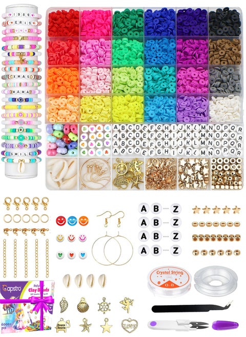 6000+ Clay Beads for Bracelet Making Kit - DIY Jewelry Set with Pendant Charms, Elastic Strings, 24 Colors Flat Preppy Beads for Bracelets, Necklace, Earrings - Pack of 1