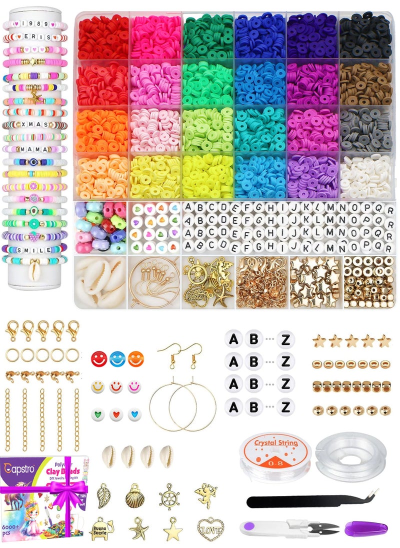 Capstro 6000+ Clay Beads for Bracelet Making Kit - DIY Jewelry Set with Pendant Charms, Elastic Strings, 24 Colors Flat Preppy Beads for Bracelets, Necklace, Earrings - Pack of 1  - Image 1