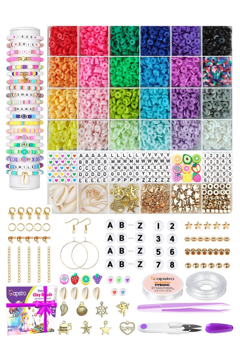 Capstro 6000+ Clay Beads for Bracelet Making Kit - DIY Jewelry Set with Pendant Charms, Elastic Strings, 24 Colors Flat Preppy Beads for Bracelets, Necklace, Earrings  - Image 1