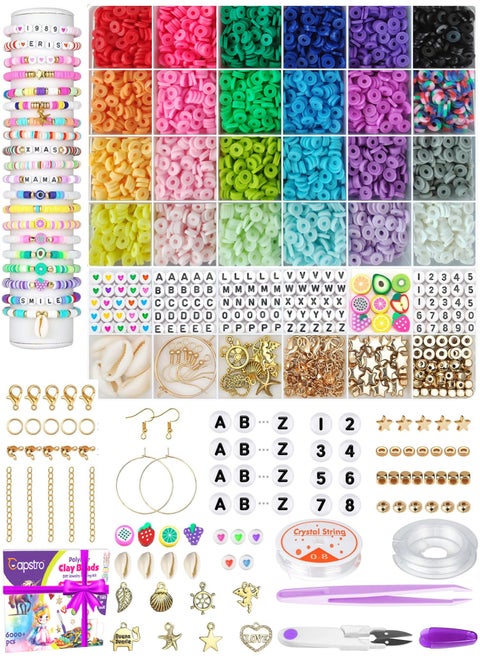 6000+ Clay Beads for Bracelet Making Kit - DIY Jewelry Set with Pendant Charms, Elastic Strings, 24 Colors Flat Preppy Beads for Bracelets, Necklace, Earrings - Pack of 1