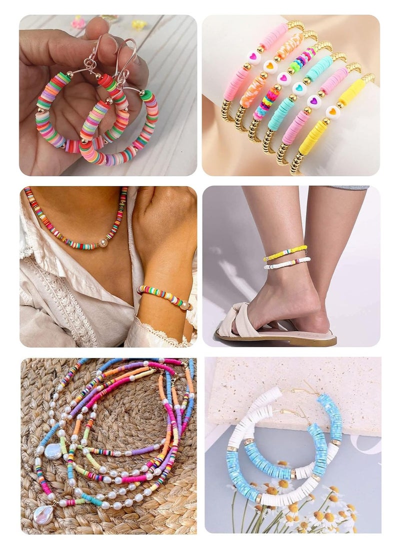 6000+ Clay Beads for Bracelet Making Kit - DIY Jewelry Set with Pendant Charms, Elastic Strings, 24 Colors Flat Preppy Beads for Bracelets, Necklace, Earrings - Pack of 1