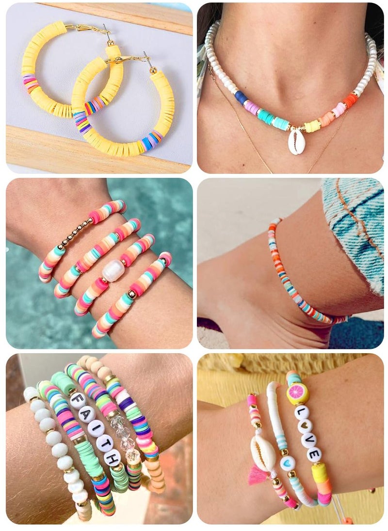 6000+ Clay Beads for Bracelet Making Kit - DIY Jewelry Set with Pendant Charms, Elastic Strings, 24 Colors Flat Preppy Beads for Bracelets, Necklace, Earrings - Pack of 1