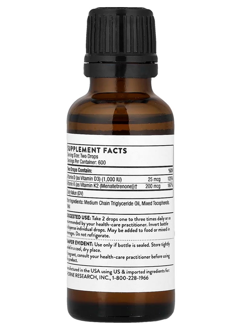 ثورن فيتامين د/ك2، 25 مكجم (1,000 وحدة دولية)، 1 أونصة سائلة (30 مل) - Image 2