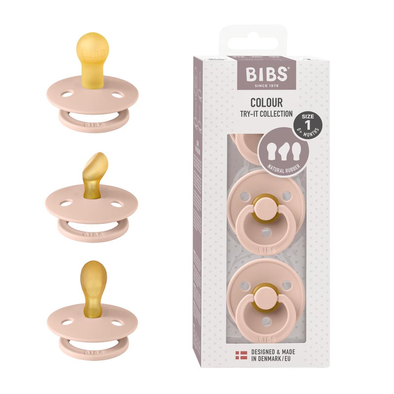 BIBS Pacifiers 06 Months 3Pack Soothers BPAFree Round Anatomical Symmetrical Nipple Made in Denmark Ivory TryIt Collection Blush