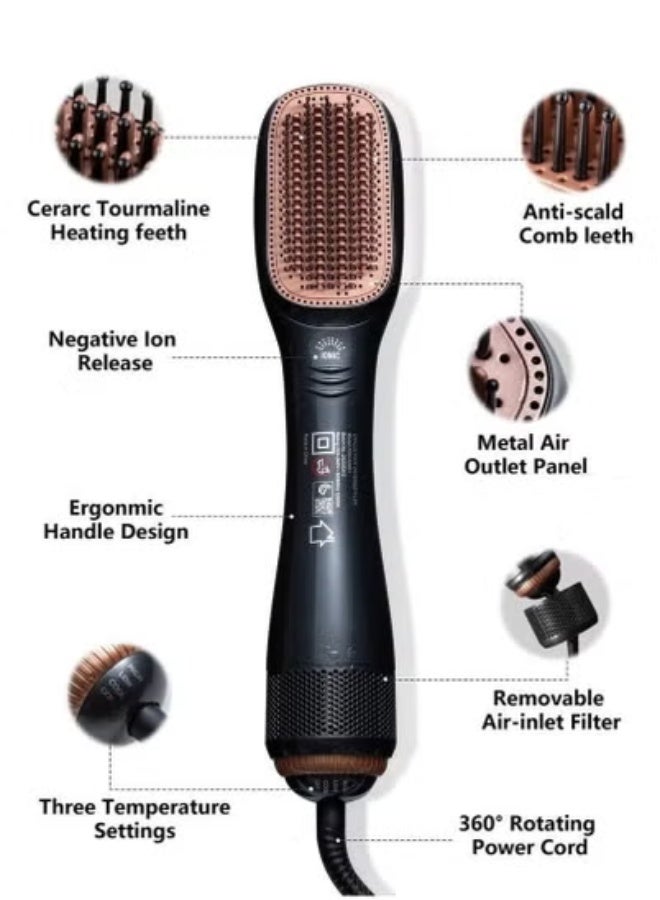 JOY CARE Ceramic Dryer and Styler 2-in-1 – Black/Beige Hot Air Brush with Ionic Technology – Hair Dryer & Straightening Brush Combo for Fast Drying, Frizz-Free Shine & Smooth Styling – Lightweight Ergonomic Blow Dryer Brush for All Hair Types – Salon Results at Home  - Image 2