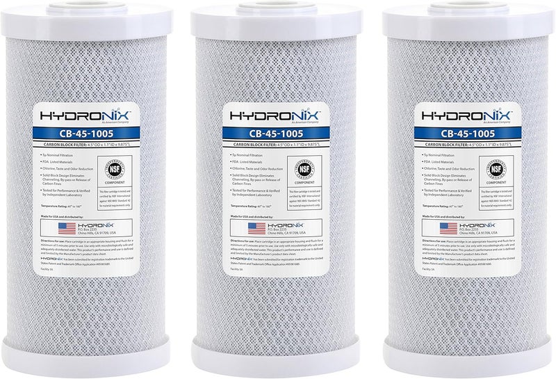 Hydronix HX-CB-45-1005/3 Whole House Commercial NSF Coconut Activated Carbon Block Water Filter, 4.5" x 10", 5 Micron, 3 Pack, White - Image 1