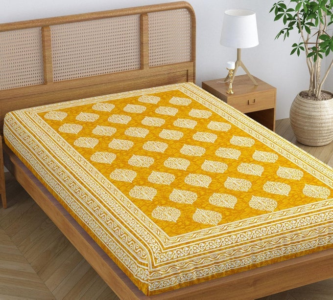 FOLK FLORALCOTTON JAIPURI PRINTED BEDSHEET FOR SINGLE BED TRADITIONAL ETHNIC BED COVER BUTTER YELLOW144 TC