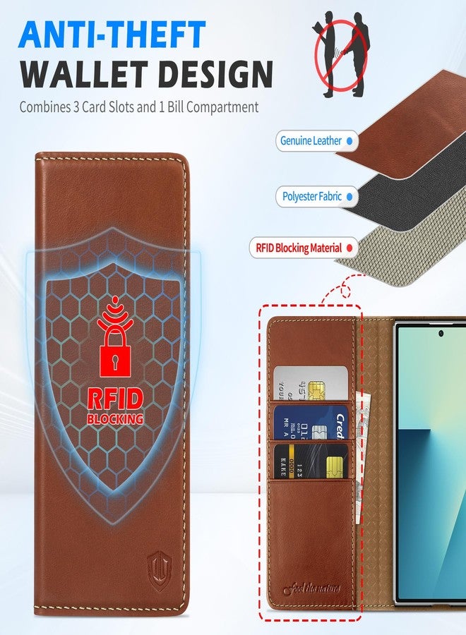 SHIELDON Genuine Leather Wallet Case for Galaxy Z Fold7 (8.0-inch) 2025, Card Holder, Viewing Stand, RFID Blocking, Shockproof, Magnetic Closure, Book Folio, Flip Cover - Retro Brown - Image 4