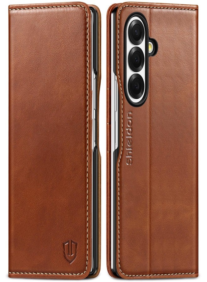 SHIELDON Genuine Leather Wallet Case for Galaxy Z Fold7 (8.0-inch) 2025, Card Holder, Viewing Stand, RFID Blocking, Shockproof, Magnetic Closure, Book Folio, Flip Cover - Retro Brown - Image 1
