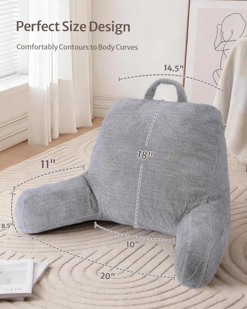 Blissful Diary Plush Velvet Reading Pillow for Kids/Teens/Adults, Back Rest Pillow for Sitting Up in Bed with Shredded Memory Foam, Includes Arms and Washable Cover, Light Gray - Image 3