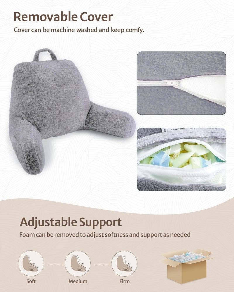 Blissful Diary Plush Velvet Reading Pillow for Kids/Teens/Adults, Back Rest Pillow for Sitting Up in Bed with Shredded Memory Foam, Includes Arms and Washable Cover, Light Gray - Image 5