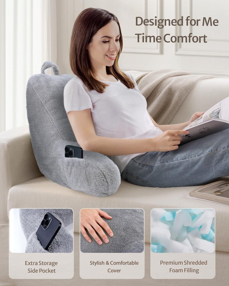 Blissful Diary Plush Velvet Reading Pillow for Kids/Teens/Adults, Back Rest Pillow for Sitting Up in Bed with Shredded Memory Foam, Includes Arms and Washable Cover, Light Gray - Image 4